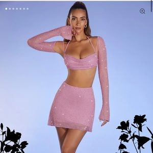 Embellished Set -  A-Line Mini Skirt & Long Sleeve Crop Top in Pink - Size US 2